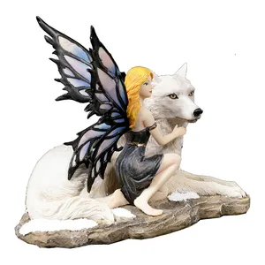 Home Decorative Companion Fairy With White Wolf Collectible Statue Poly Resin Fairy