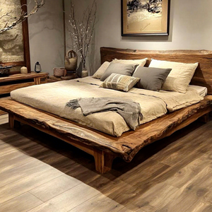 Qunshan Shu Solid <strong>Wood</strong> Live Edge Platform <strong>Bed</strong> | <strong>Rustic</strong> Low Profile <strong>Bed</strong> <strong>Frame</strong> with Minimalist Headboard for Bedroom - Product Image 1