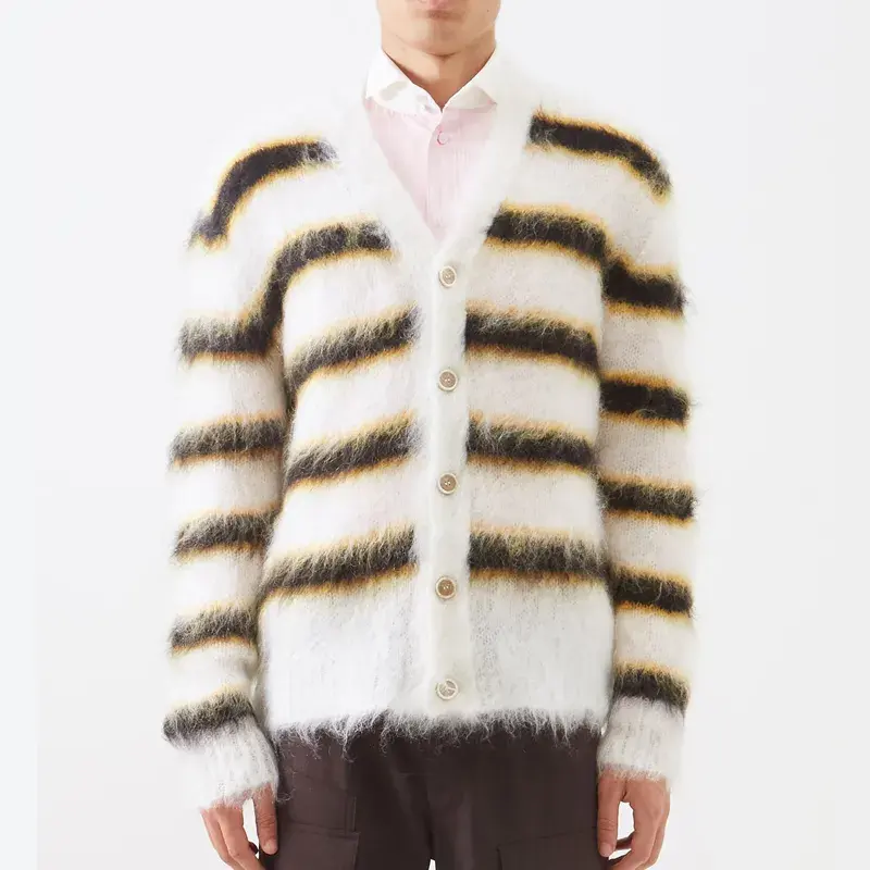 FYB Custom Oem & Odm Sweaters Men Mohair Fuzzy Knitwear Long Sleeve Knit Winter Striped Mohair Cardigan Sweater Men