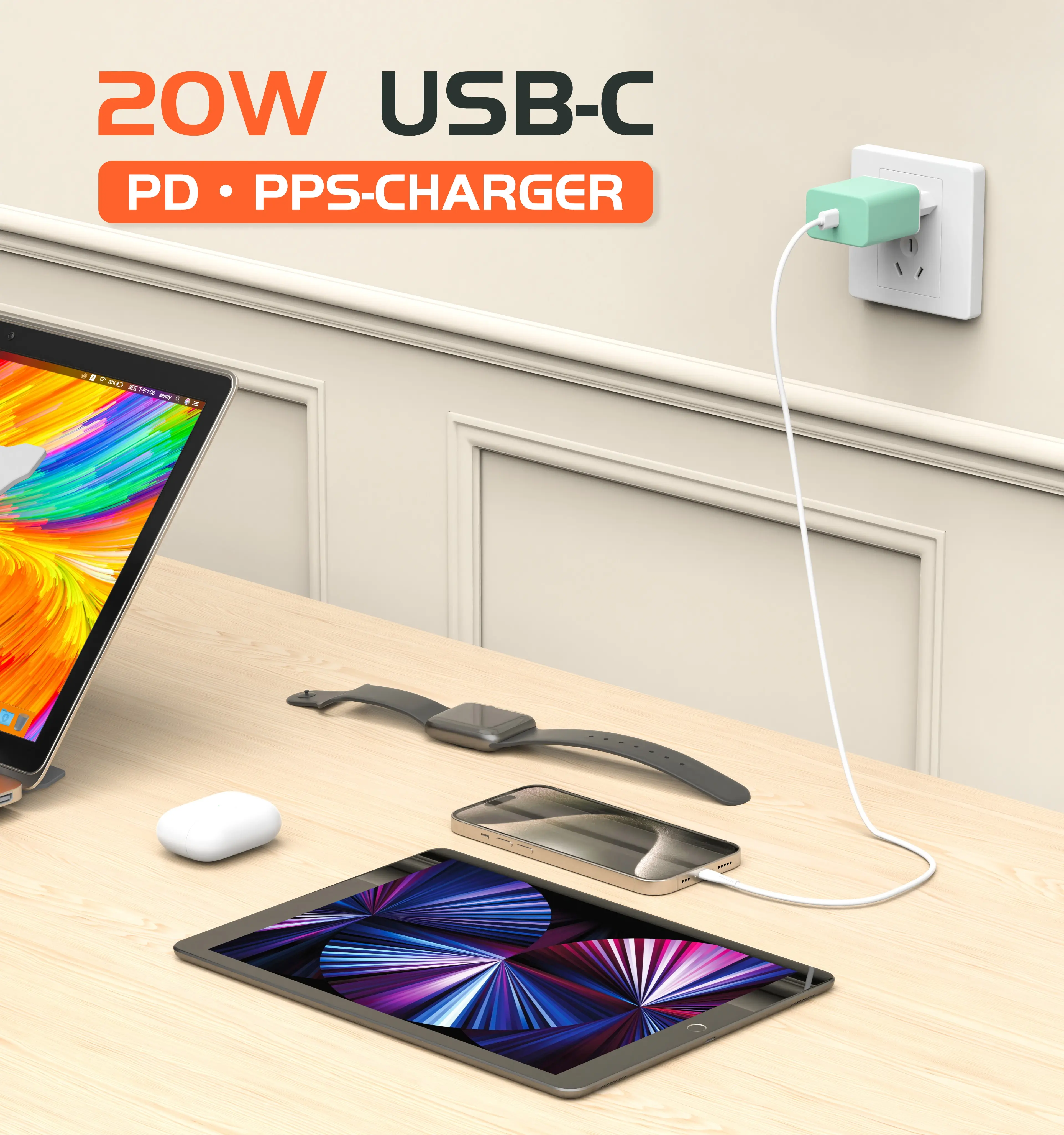 KR UE Reino Unido US AU Plug Universal 20 W PD Fast USB C Carregador de parede adaptador de energia com cabo USB-C tipo C para Apple iPhone 12 13 Pro