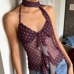 Summer Short Breathable Eco-Friendly Knitted Mesh Camisole Polka Dot Print Ribbons <b>Tie</b> See-Through Backless Sleeveless Front - Product Image 2