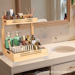 Wooden Double Layer <b>Shelf</b> Cosmetic Storage Rack Solid Wood <b>Desktop</b> Organizer For Bathroom Makeup Storage - Product Image 1