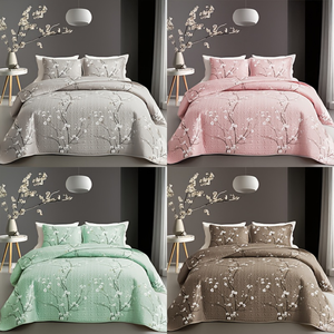 3PCS Multi-color Branch Blooming <strong>Plum</strong> Blossom Printed Quilted Pillowcase Bed Cover Set Hypoallergenic Machine-washable Polyester - Product Image 2