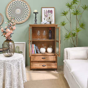American Style Rustic Chunky Plank Recycled Pine <b>Wooden</b> Free-standing Living Room <b>Storage</b> <b>Cabinets</b> with 2 Drawers Home Furniture - Product Image 3