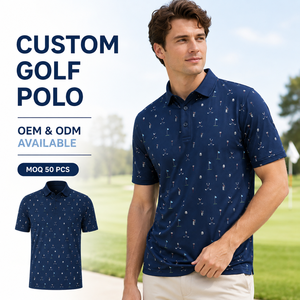 Custom Printed Golf Polo Shirts Men <b>Navy</b> Abstract Line Pattern Short Sleeve Private Label OEM ODM Manufacturer - Product Image 1