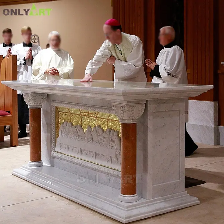 Tavolo da chiesa in marmo intagliato decorato con chiesa religiosa con scultura in rilievo per l'ultima cena
