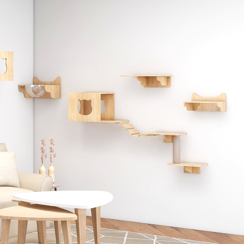 Solid Wood Wall Mounted Cat Climbing