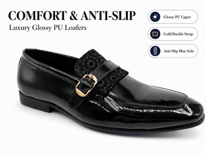 Mocassins en cuir PU noir brillant pour hommes, chaussures habillées à enfiler, bout rond, boucle dorée, sangle florale, pour le bureau, la carrière et les affaires - Product Image 1