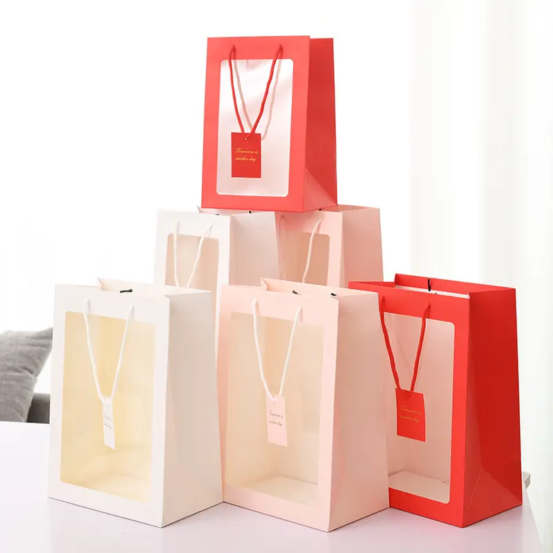 Hot!!! Wholesale Transparent Window Bag Tote Flower Paper Gift Open Gift Bag With Gift Plush Doll For Friends And Kids