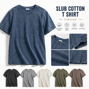 T-shirt en coton slub vintage pour homme, jersey texturé lavé, col rond, coupe décontractée, toucher doux, streetwear décontracté - Product Image 1