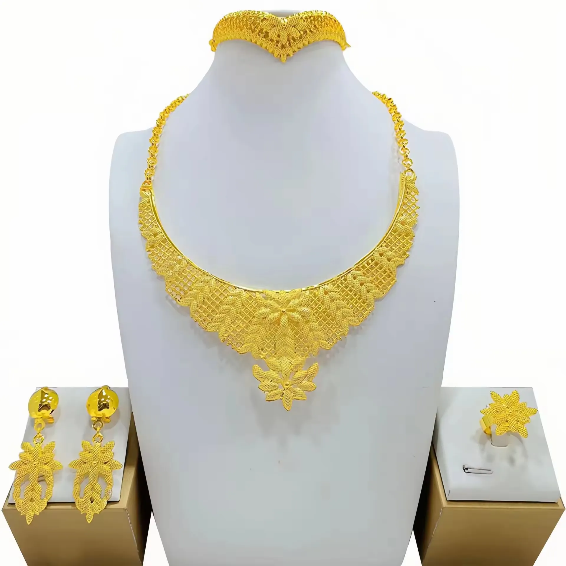 YGL 24 Karat vergoldete Frauen Braut Halskette Ohrringe Ring Armband Indischer Schmuck Set Design Manschette Armreif Hochzeits feier Zubehör