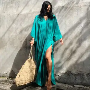 Damochische Aangepaste Strand Cover Up Kaftan Kimono Maxi Zwemjurk Effen Kleur Bikini V Hals Rayon Sarong Cover Up Badmode 2023