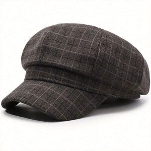 หมวกเบเรต์ทรงแปดเหลี่ยมผ้าคอร์ดูรอยสีพื้นสไตล์เรโทรสำหรับผู้หญิง ฤดูใบไม้ร่วงและฤดูหนาว หมวกเพนท์เตอร์ลายทางสไตล์เรโทร - Product Image 6