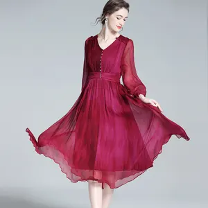 高端品牌女性优雅连衣裙紫红色光滑绉纱桑蚕丝连衣裙粉扑袖长裙