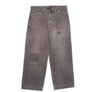 SOOREE Pantalon de travail pour homme gris rétro usé, détails de réparation avec patchs cousus main, ourlet effiloché brut, coupe courte, jambe large, décontracté, personnalisé