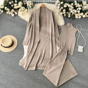 Kustom 3 buah kardigan cocok Sweater celana kaki lebar dan Crop Top Set pakaian musim gugur wanita 2023 - Product Image 2