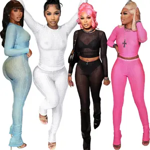 Solid XS Knitted See-through Y2K 2 Piece Set Women Outfit Club Night Long Sleeve Top And Pants Sets