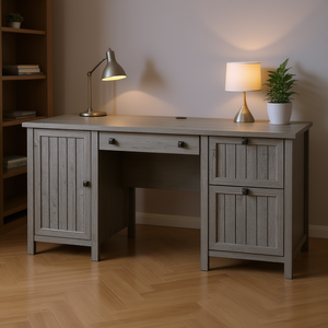 Bureau d'ordinateur vintage gris avec 3 tiroirs, meuble de rangement pour bureau à domicile, poste de travail en bois - Product Image 2