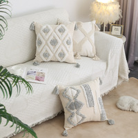 Housses de coussin Boho avec pampilles, Style marocain, coton blanc et bleu tufté, housse de coussin bohème, canapé, décoration de la maison