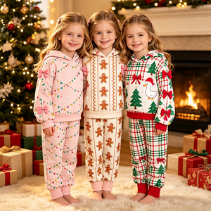 Haut à capuche sans manches et pantalon de jogging en coton biologique imprimé avec des nœuds en forme d'oies en pain d'épices personnalisés pour filles, tenues de Noël - Product Image 1