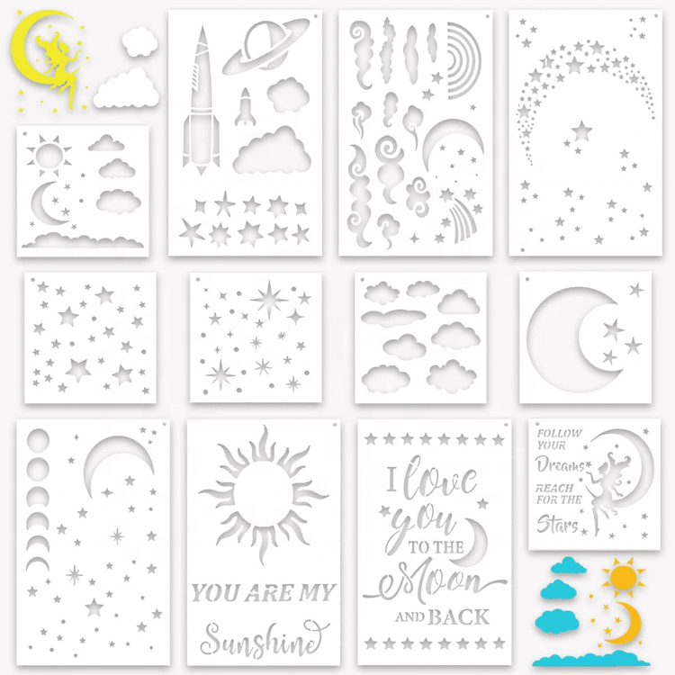 12 Pack Moon Star Cloud Stencils For Painting Home Decor Reusable Plastic Drawing Templates
