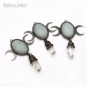 PM50075 perhiasan solder batu mentah Amazonite kristal kuarsa bening tiga bulan dewi buatan tangan liontin antik berlapis perak