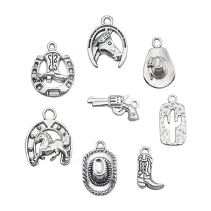 Nova liga Antique Silver Western Cowboy Boot Hat Cavalo Cacto Encantos Jóias Fazendo Pingente para Colar Pulseira