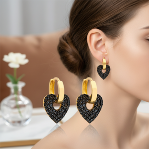 Pendientes de aro colgantes con diseño de corazón delicado de piedra CZ negra hechos a mano, joyería de plata de ley 925 al por mayor - Product Image 3