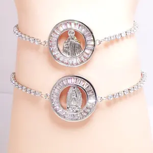 Hot Sale Circle Gold Color Clear Bling Diamond Cubic Zirconia Statement Women Catholic Virgin Mary Bracelet Tennis Chain Jewelry
