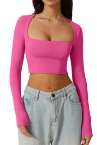 T-shirt à manches longues pour <span class=keywords><strong>femme</strong></span>, style sexy, col carré décolleté, <span class=keywords><strong>crop</strong></span> <span class=keywords><strong>top</strong></span> uni pour le printemps et les soirées en boîte de nuit - Product Image 6