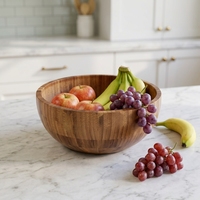 Grand saladier en bois d'acacia massif, bol rond de luxe pour fruits et légumes, fait main, moderne, pour la table de cuisine, vente en gros, OEM personnalisé