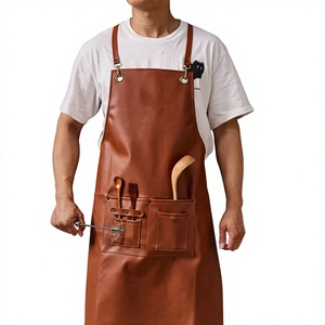 Men's Brown Genuine Leather Reusable Work Coverall Pockets Needle Detection Water Resistant for Kitchen Cooking HARAZ HRZ-215 - Product Image 1