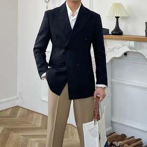 Costume de mariage pour homme, style décontracté et tendance, en lin, coupe slim, double boutonnage, semi-doublé, style britannique - Product Image 3
