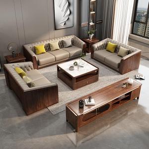 <b>Walnut</b> Solid Wood Sofa Living Room Set 1-3 Seater Genuine Leather Tufted Chinese Minimalist Style - Product Image 3