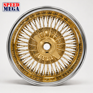 Jantes Wire Wheels 14x7 pouces, 100 rayons, à rayonnage droit inversé, chromées avec centre doré pour voitures classiques, Hot Rods et Lowriders - Product Image 1