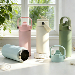 Gobelet de voyage en acier inoxydable esthétique avec logo personnalisé, 14 oz, bouteille isotherme à double paroi avec poignée et couvercle anti-poussière avec paille - Product Image 1