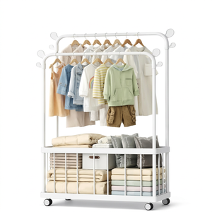 <b>White</b> Double Tier Metal <b>Clothing</b> <b>Rack</b> with Wheels for Children's Room Storage and Toy Organization - Product Image 1