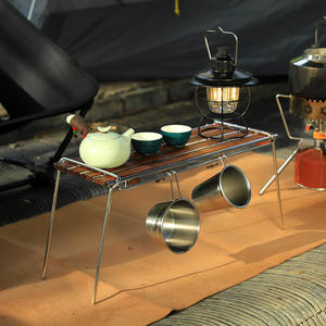 Mesa de Camping Plegable Rectangular de Acero Inoxidable con Estructura de Madera de Haya, para Picnic y Café, con Soporte para Lámpara - Product Image 1