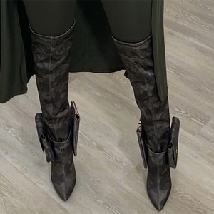 Botas de Mujer Hechas a Medida, Botas de Tacón Alto con Punta Puntiaguda y Camuflaje, Botas Largas por Encima de la Rodilla con Bolsillos - Product Image 2