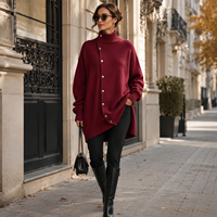 Kardigan Panjang Wanita OEM 100% Wol Asimetris Kancing Tekan Kerah Tinggi Longgar Oversize 8 Warna