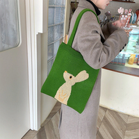 Sac seau en laine tricotée verte à rayures motif lapin de dessin animé japonais pour femme, non imperméable, avec deux poignées et fermeture ouverte