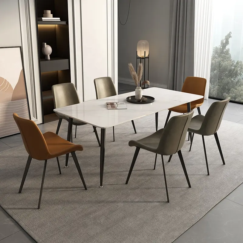 Mesa Rectangular de pizarra minimalista, mesa de comedor de piedra sinterizada con patas de Metal, estilo nórdico moderno