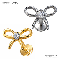 Piercing Labret en Titane ASTM-F136 avec Nœud Papillon et Zircon Cubique à Dos Plat, Filetage Interne, pour Cartilage d'Oreille, Hélix, Tragus