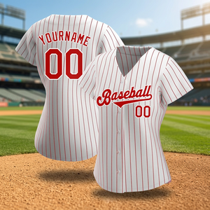 Camiseta de Béisbol Unisex Personalizada, Blanca con Rayas Rojas, Cuello de Béisbol, Manga Corta, Cierre de Botones, Ajustada, Poliéster, Impresión Digital - Product Image 1