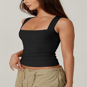 Camisetas sin mangas <span class=keywords><strong>de</strong></span> doble capa <span class=keywords><strong>de</strong></span> verano para mujer, Camisetas Básicas <span class=keywords><strong>de</strong></span> punto ajustadas, cuello cuadrado, diseño sin mangas, transpirable frontal personalizado - Product Image 2