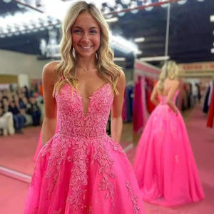 S0387L New Fashion Spaghetti träger Tüll Lange Applique Spitze Glitter Prom Party kleid Maxi Abendkleid - Product Image 2