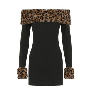 <span class=keywords><strong>ชุด</strong></span>เดรสถักผ้ายืดพิมพ์ลายเสือดาวไม่มีปกคอเสื้อแขนยาวเปิดไหล่รัดรูปด้านหน้าสไตล์ลำลองเน้นสะโพกฤดูหนาวฤดูใบไม้ร่วง - Product Image 4