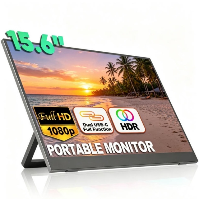Portable Monitor 15.6 Inch 60Hz 1080P with VESA Stand 180 Kickstand Ultra-Slim IPS HDR Travel Second Monitor for Laptop