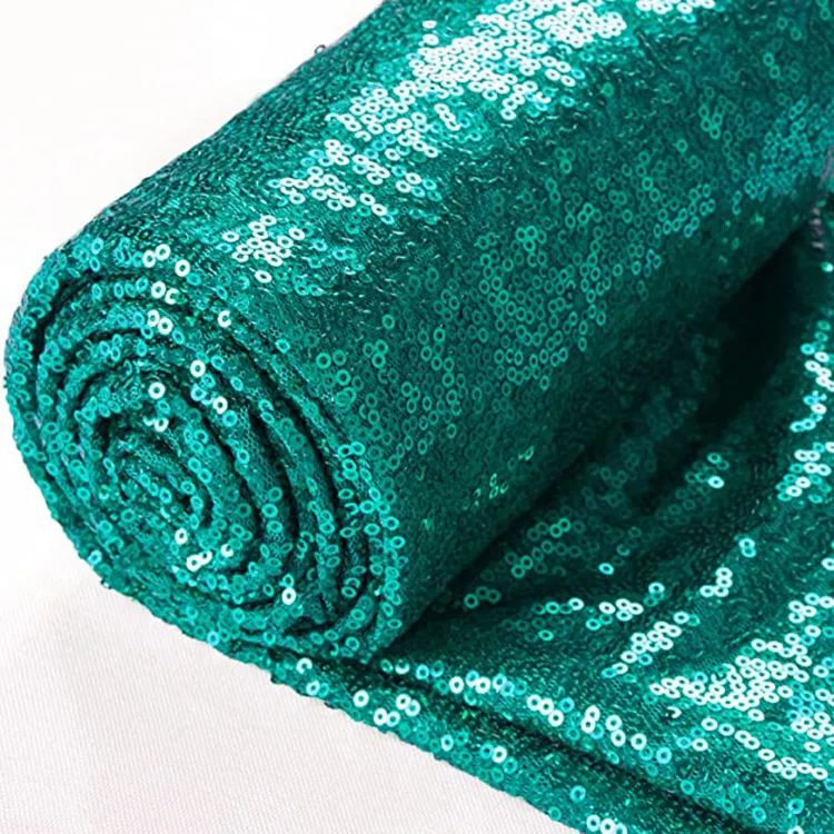 Hot Sale High Quality Embroidery Stretch 3mm Green Sequin Fabric For Glitter Wedding Couture Dress Clothing