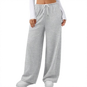 Pantalones Deportivos Anchos para Mujer, Cintura Media, Cordón Ajustable, Color Gris Sólido, Corte Holgado Informal, Largos, Tela de Felpa, Transpirables, 100% Algodón - Product Image 3